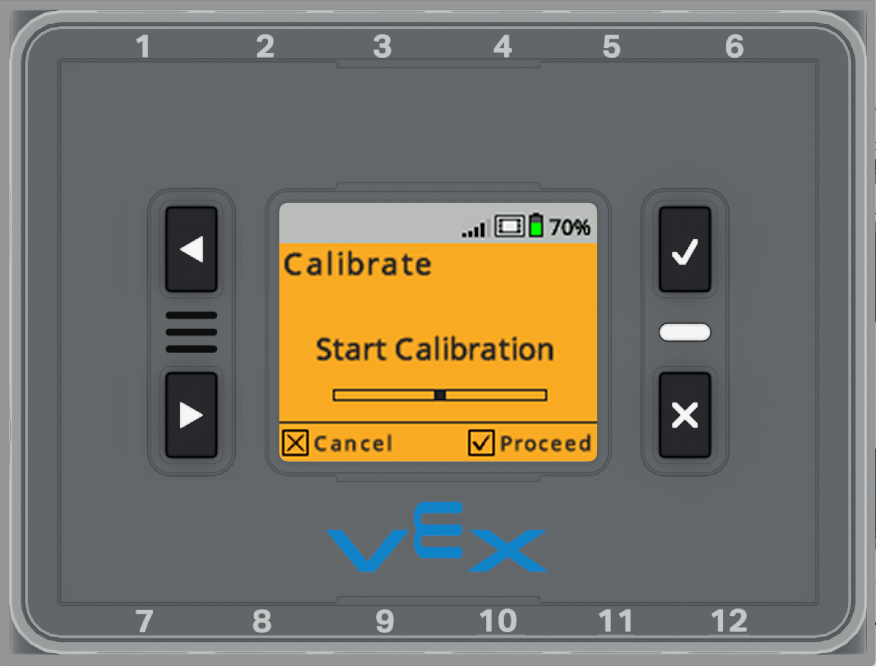 Brain is shown after the Deep Calibration menu has been opened. The screen is orange and reads Start Calibration. Icons indicate that the X button can be pressed to Cancel or the Check button can be pressed to Proceed.