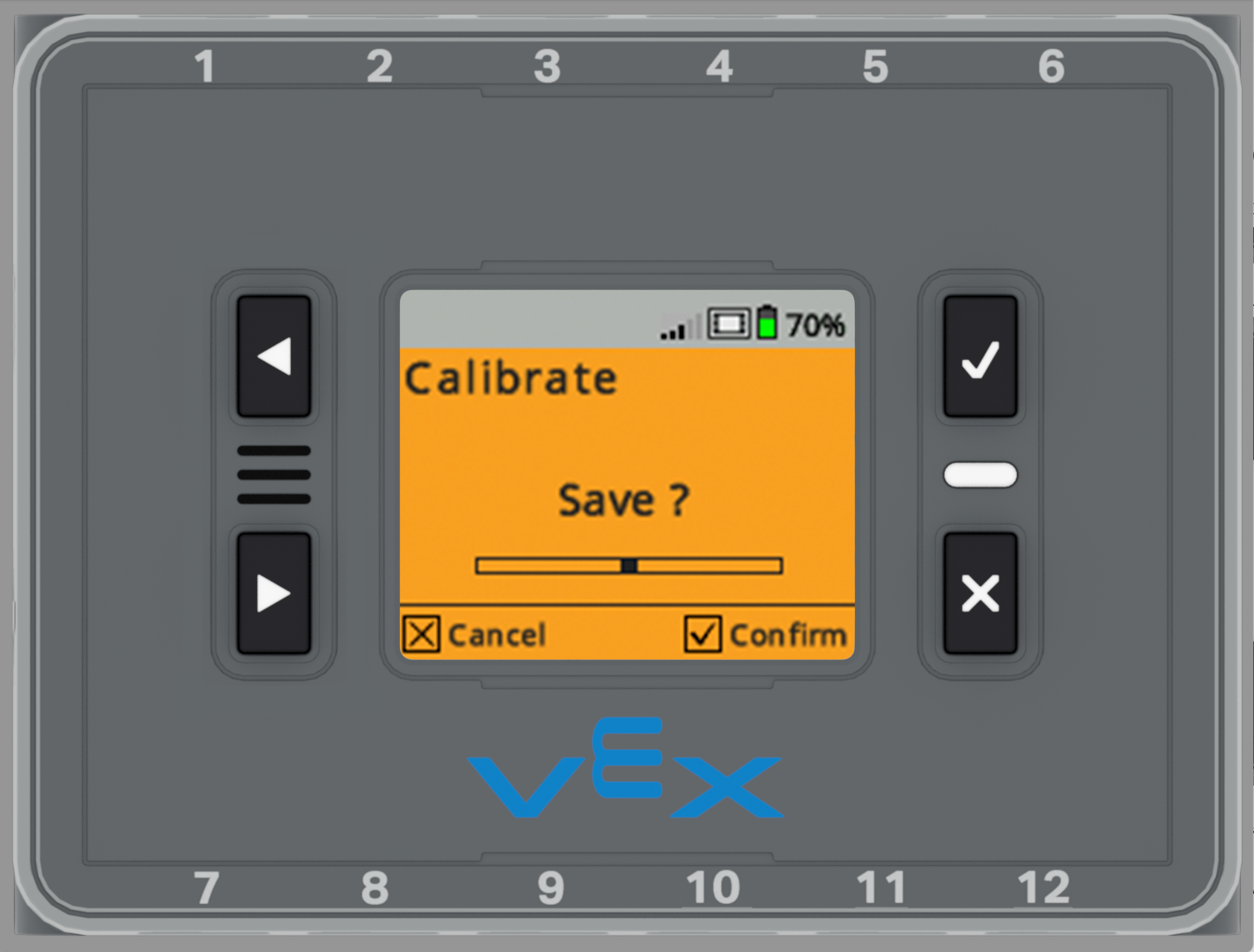 Brain is shown after the Deep Calibration has finished. The screen is orange and reads Save? Icons indicate that the X button can be pressed to Cancel or the Check button can be pressed to Confirm.