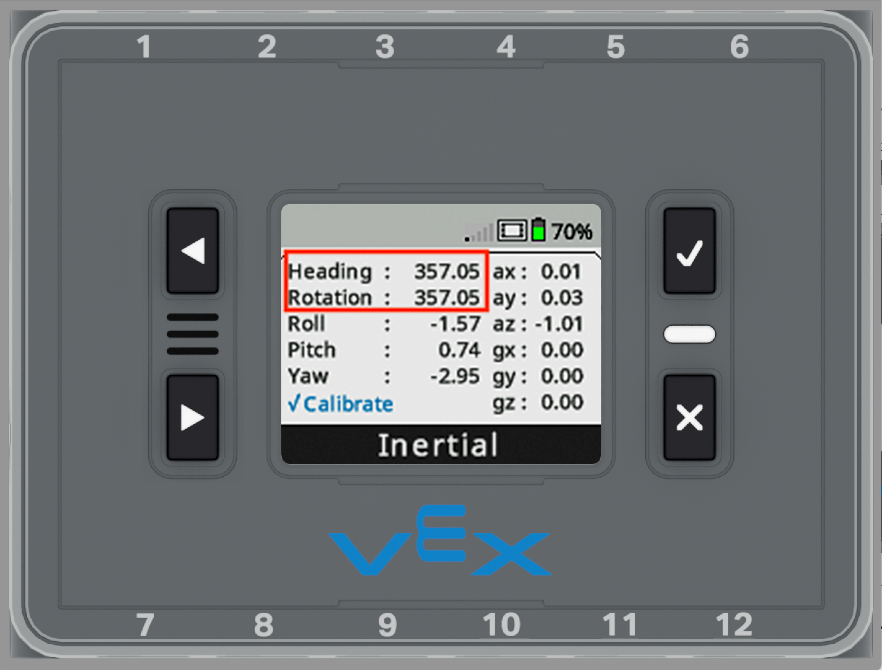 Brain screen is shown with the Inertial Sensor Dashboard opened and with the Rotation and Heading values highlighted. Both values read 357.05.