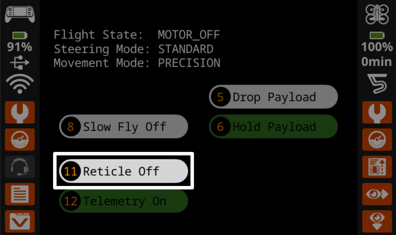 Close up of the controller screen with the default fly screen open and a highlight on one button reading Reticle Off.