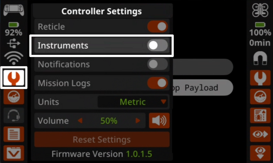 Close up of the controller screen with the default fly screen open and the controller settings menu open overtop. A highlight is on the instruments toggle close to the top of the controller settings.