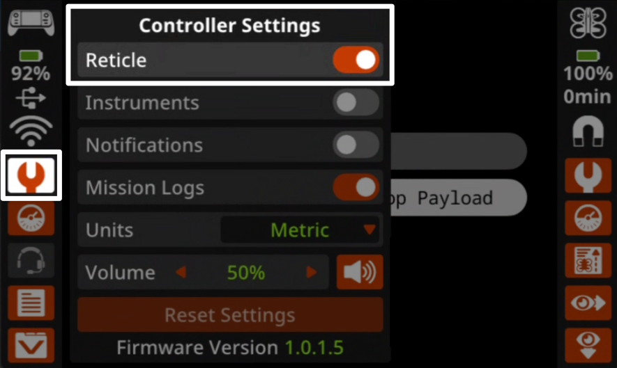 Close up of the controller screen with the default fly screen open and the controller settings menu open overtop. A highlight is on the reticle toggle at the top of the controller settings.