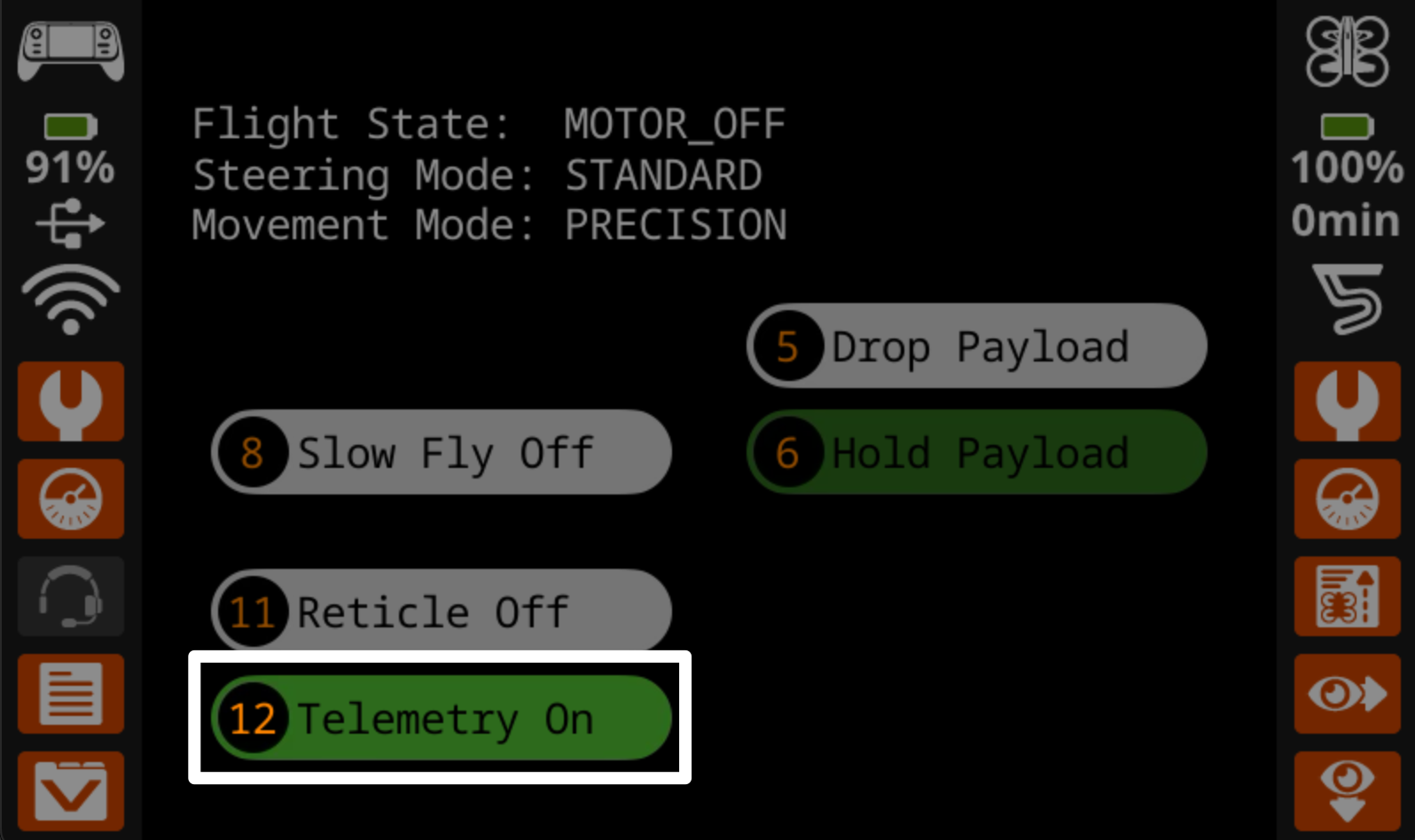 Close up of the controller screen with the default fly screen open and a highlight on one button reading Telemetry on.