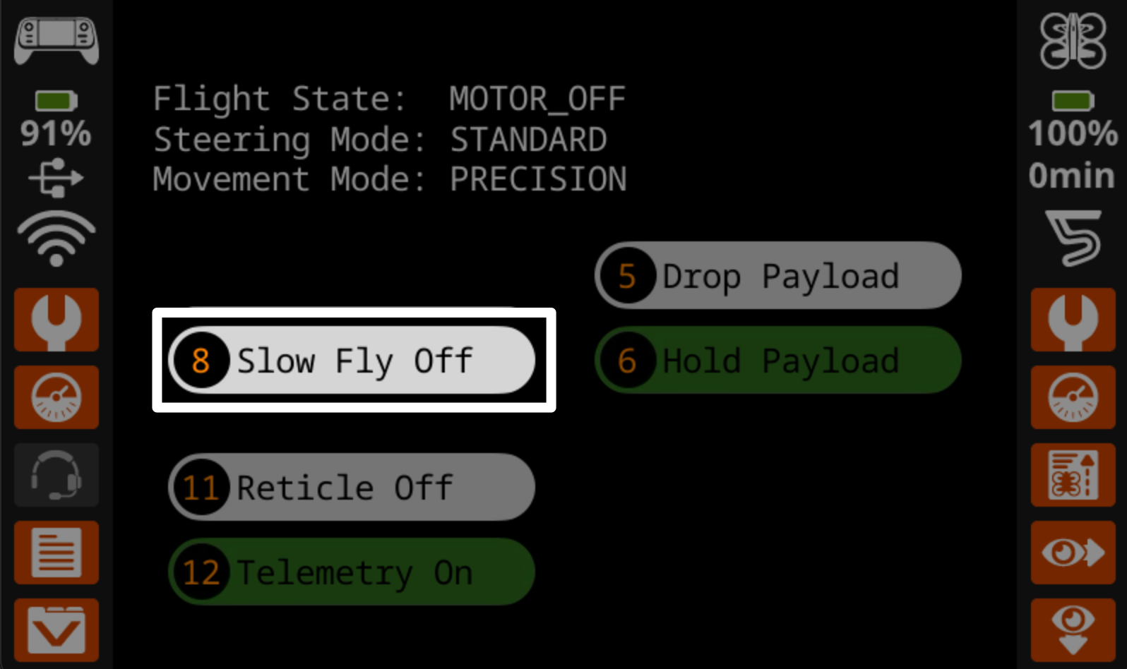 Close up of the controller screen with the default fly screen open and a highlight on one button reading Telemetry on.
