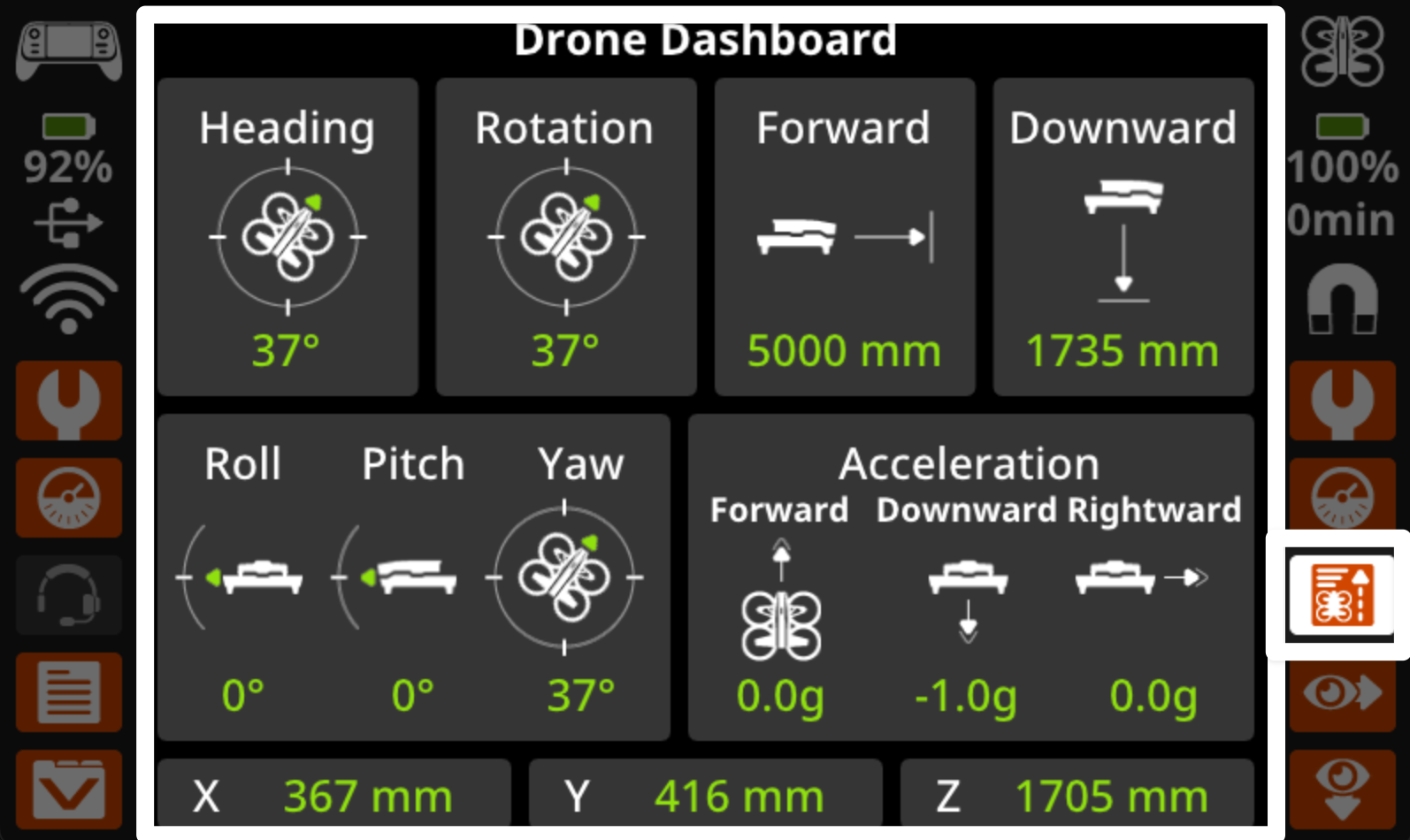 Drone dashboard open on the controller screen showing all of the telemetry data and more. A highlight is on the dashboard and on the icon on the right of the screen that is used to open the dashboard.