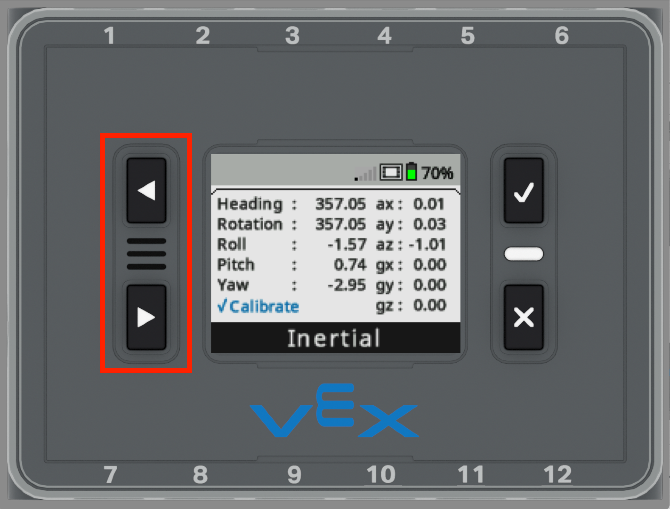 Brain is shown with the Inertial Sensor Dashboard opened and with its Left and Right buttons highlighted.