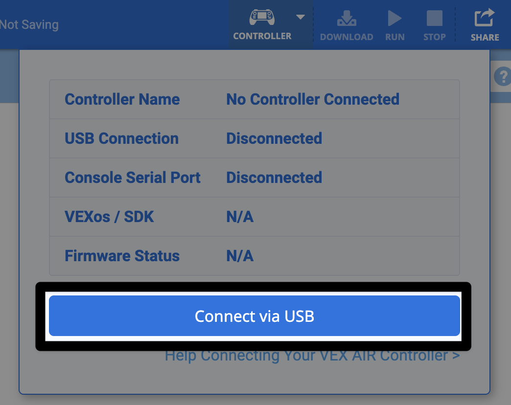 The Controller status window shows no controller connected. USB Connection and Console Serial Port are listed as disconnected, and firmware information is unavailable. The Connect via USB button is highlighted.