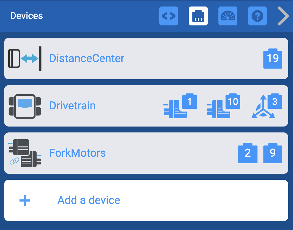 VEXcode V5 Devices menu is opened to show the device configuration in this example. The menu first lists a Distance Sensor titled DistanceCenter at port 19. Next there is a Drivetrain with motors on ports 1 and 10 and an inertial sensor on port 3. Lastly there is a Motor Group named ForkMotors on ports 2 and 9.