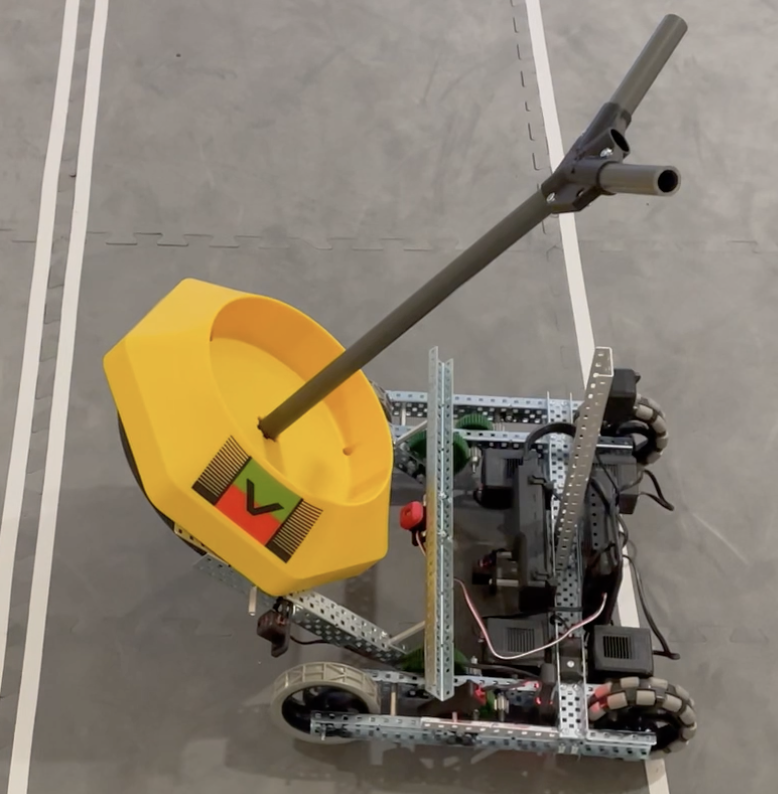 Moby robot that is carrying the Mobile Goal and has turned 90 degres to the left.