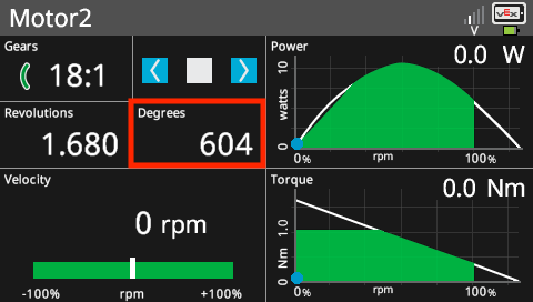 Brain screen is shown in the Smart Motor menu that lists the device's data. The menu has readings and graphs that report the device's data. In this screenshot, the motor's Degrees value is highlighted and reads 604.