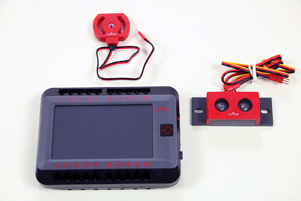 V5 Robot Brain, 3-Wire Potentiometer device, 3-Wire Ultrasonic Range Finder device, and a 3-Wire extension cable are shown together.