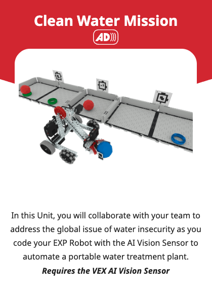 A screenshot of the tile for the Clean Water Mission STEM Lab Unit, showing the Clawbot with an AI Vision Sensor attached moving a Buckyball beside a Field with sections delineated by April Tag IDs and a brief description.