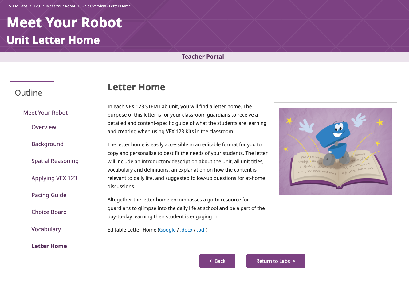 A screenshot of the Letter Home page in the Meet Your Robot STEM Lab Unit Overview. 