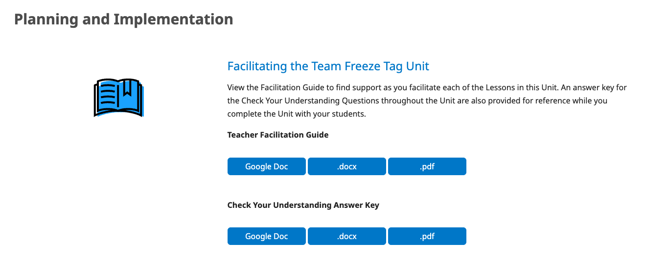 Planning and Implementation section of the Team Freeze Tag Teacher Portal page, showing the links for the Teacher Facilitation Guide and the Check Your Understanding Answer Key in google, word, and pdf formats.