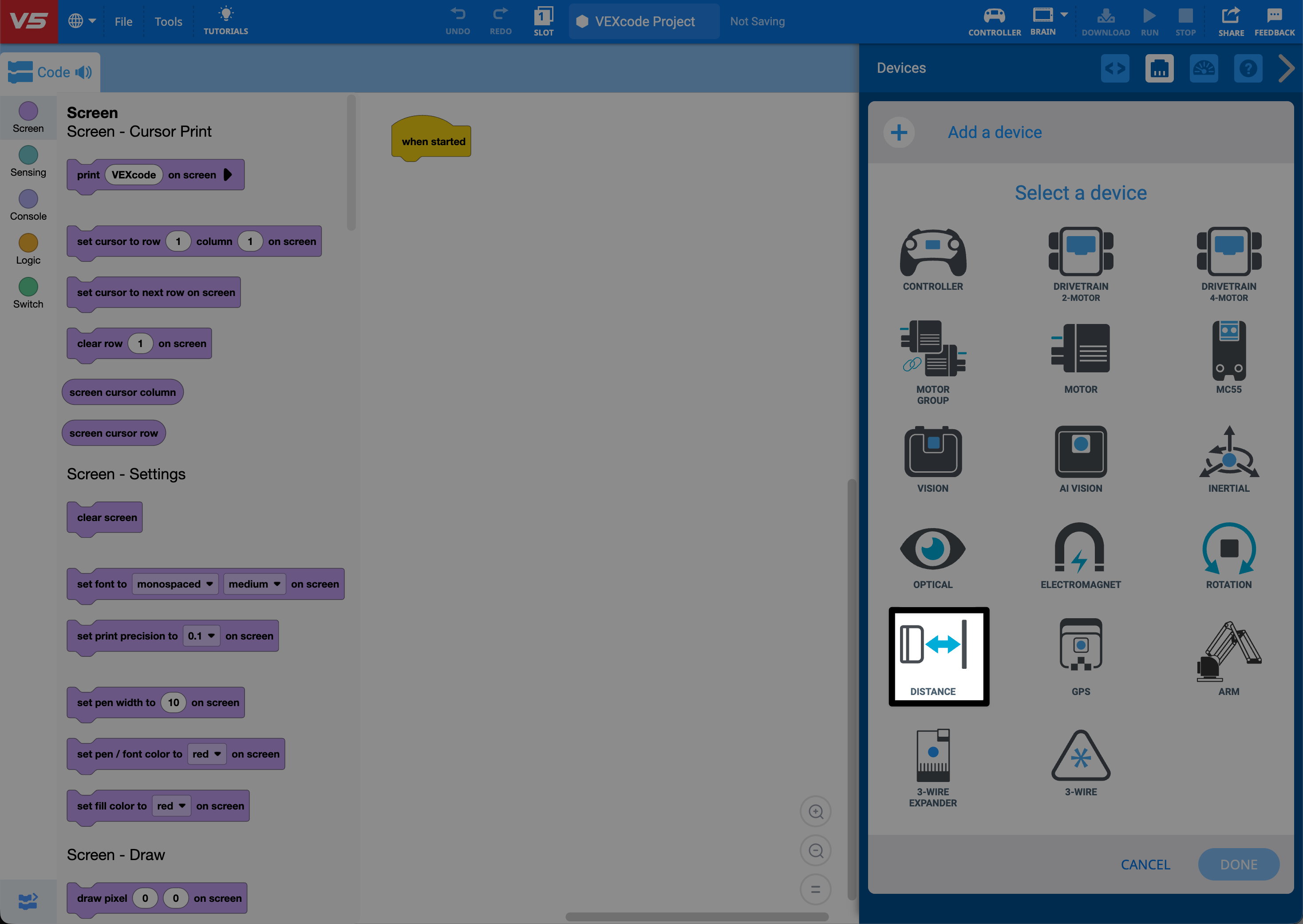 VEXcode V5 with distance sensor highlighted