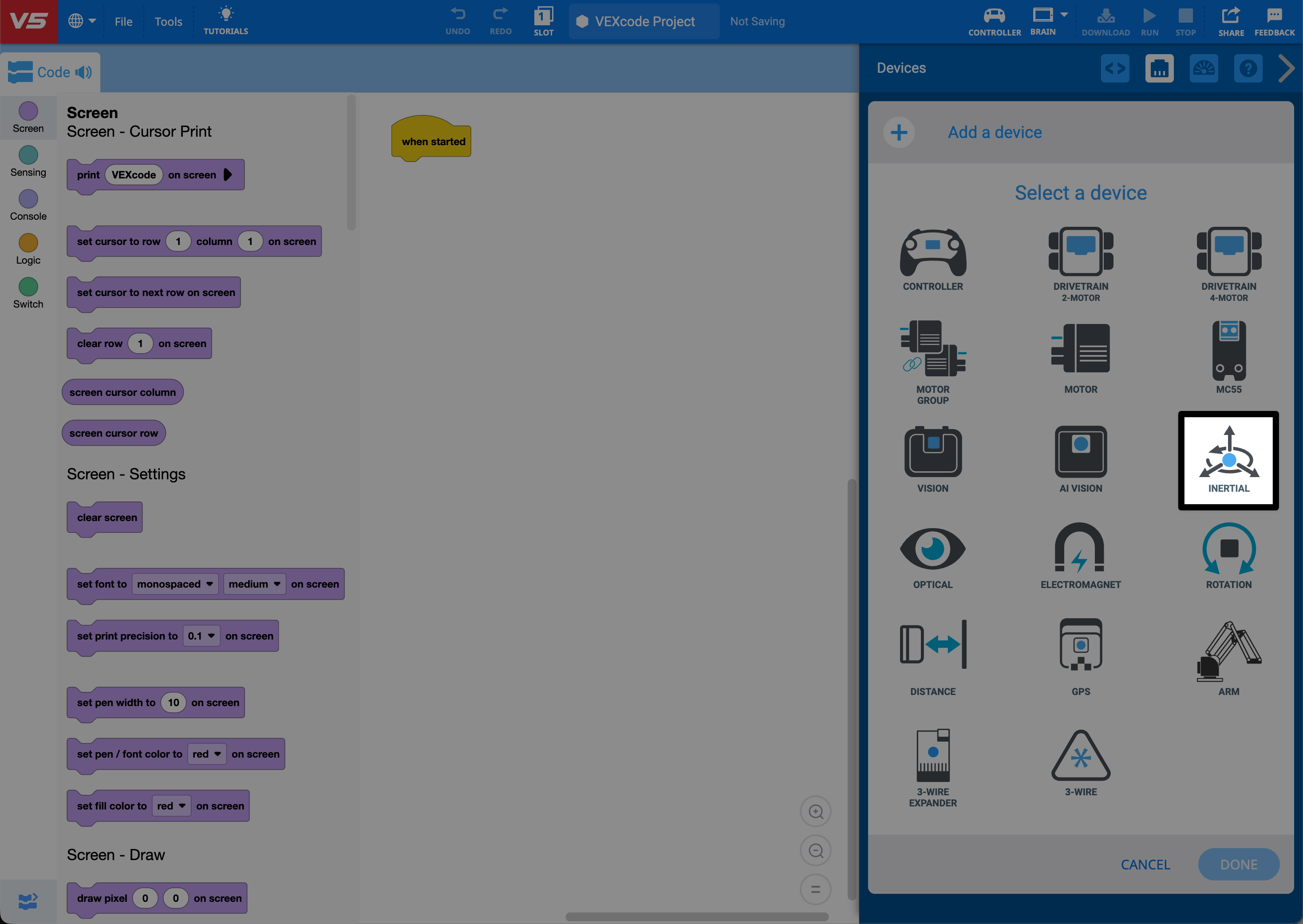 VEXcode V5 with inertial sensor highlighted