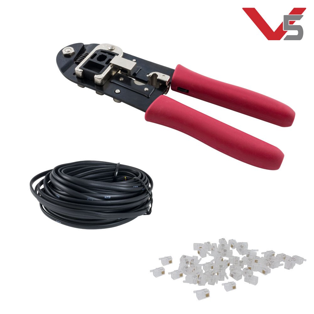 V5 pieces that are used to create Smart Cables are shown together. These pieces include Smart Cable Stock, Smart Cable Connectors, and the Smart Cable Crimping Tool.