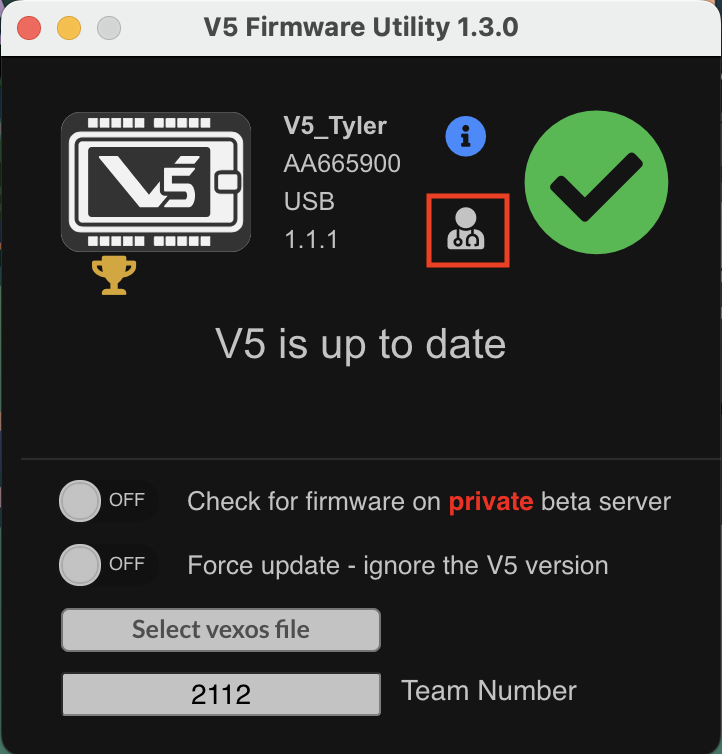 V5 Firmware Utility with a message that reads V5 is up to date. There is a Doctor Icon on the right that is highlighted.