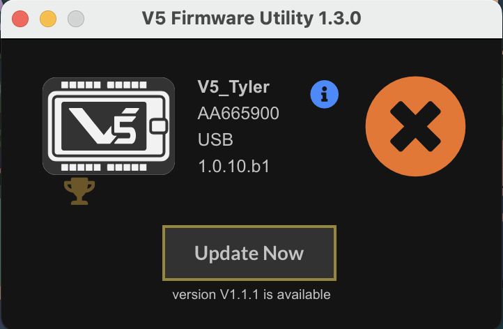V5 Firmware Utility window is open and shows a connected Brain. Below, a button reads Update Now.