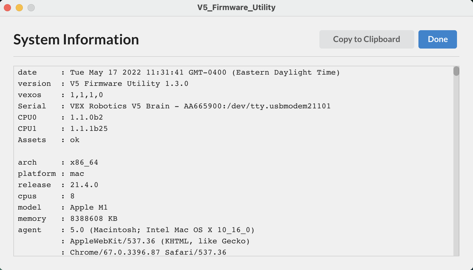 V5 Firmware Utility after the Information Icon has been selected, with  a system information list that can be used for debugging.