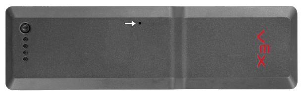 Battery is shown with none of its indicator lights lit up. The Reset Button is on the same side as the indicator lights and it is highlighted.