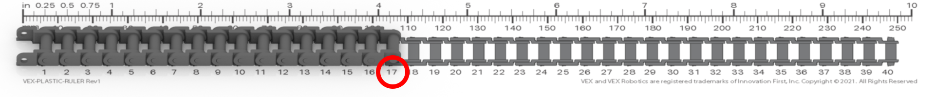 Image of a VEX chain component, used in educational robotics, showcasing its design and structure for reference in VEX Rulers section.