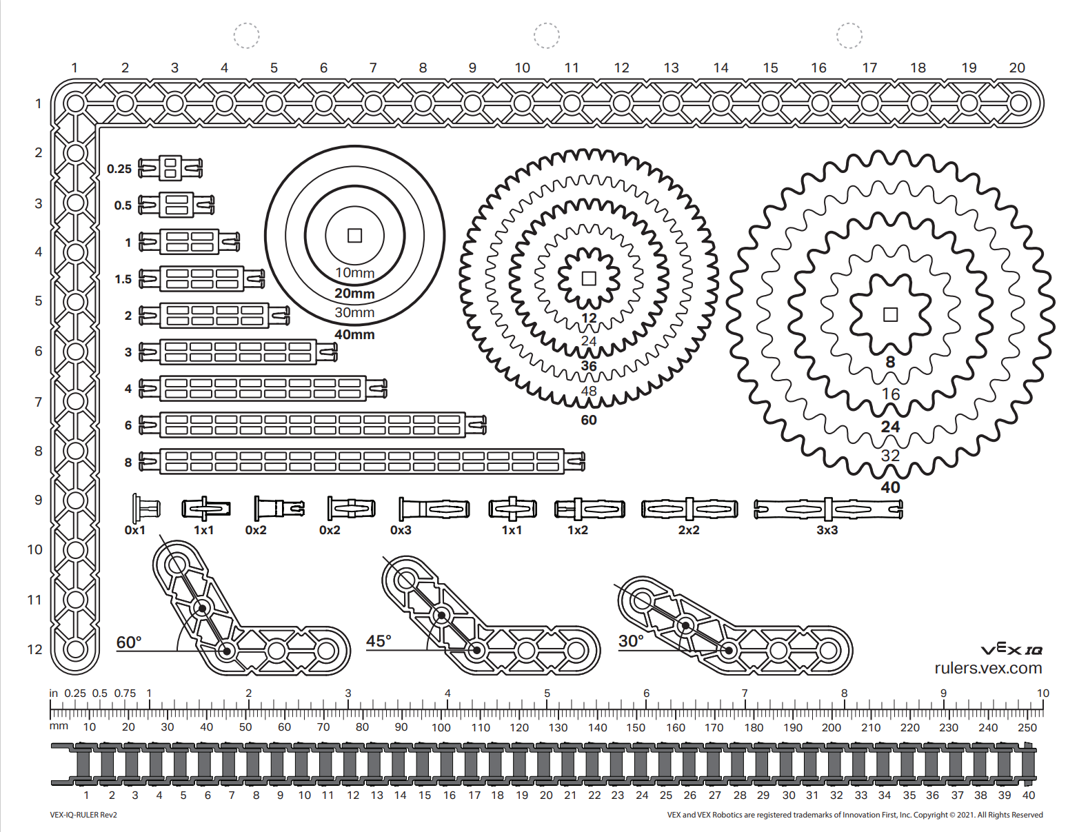 VEX GO ruler in a left-to-right orientation, featuring measurement markings for educational use in robotics and engineering projects.