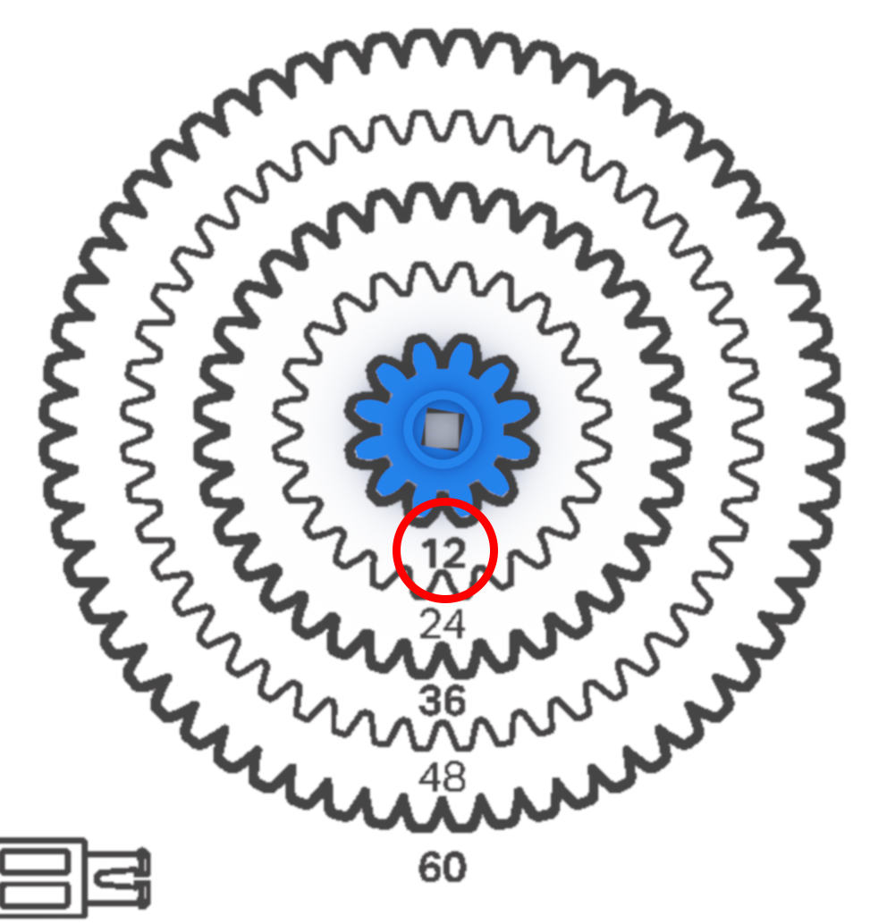Image of a VEX 12-tooth gear, showcasing its design and features, used in educational robotics and engineering applications.