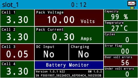 V5 Brain screen is shown in the Battery Diagnostics screen, with a menu of data about the battery's status.