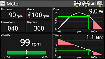 Brain screen is shown in the dashboard for a Smart Motor. This menu shows a variety of data about the Motor, but in particular it shows the Motor's Velocity and Torque values.