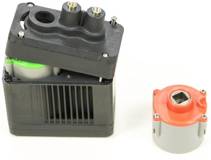 V5 Smart Motor with the new green Gear Cartridge successfully installed. The Motor's cap has been placed back onto it and has not been screwed in yet.