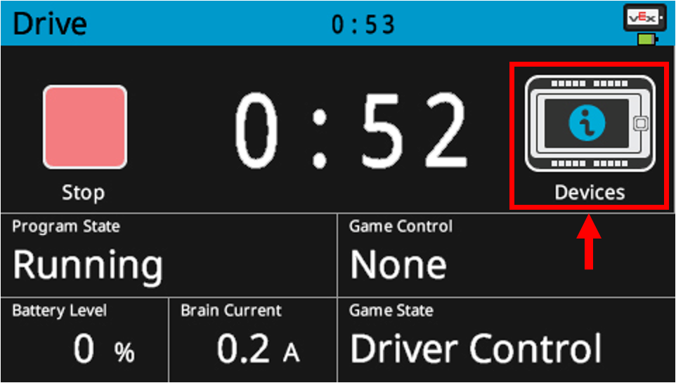 Brain screen is shown while a program in running. There is a Devices option in the menu and it is highlighted.