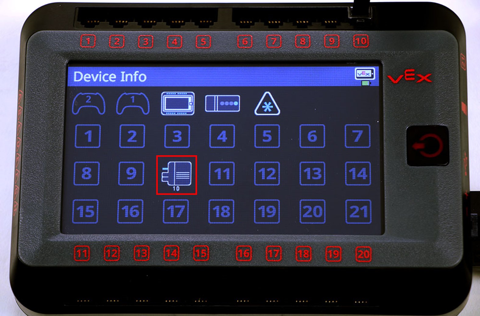 Brain screen is shown in the Device Info menu which has a list of all of the Brain's Smart Ports and connected devices. The Smart Motor icon in the Device Info menu is highlighted to indicate that it can be selected to open its information menu.