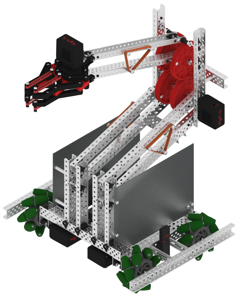 V5 Robot with Shield Pieces attached to the sides of its Robot Arm to protect the mechanics from game pieces.