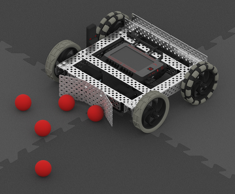 V5 Drivetrain with an attached Passive Plow structure is shown pushing ball game pieces on a field.