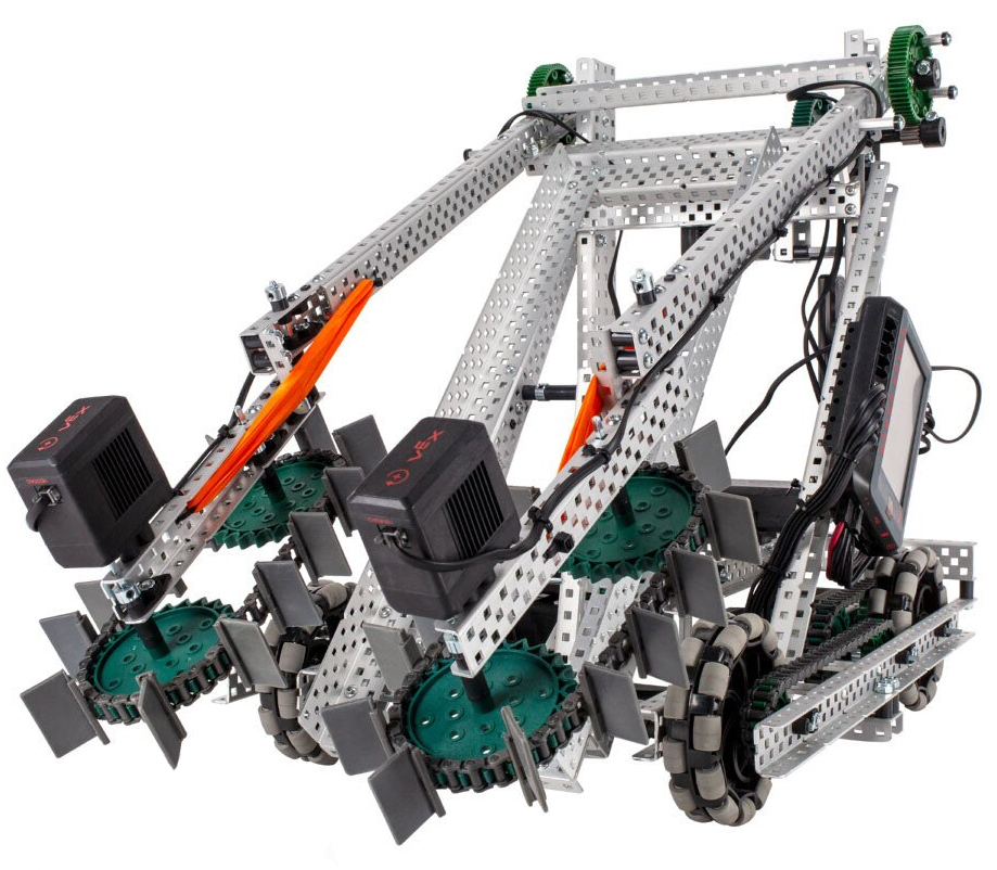 V5 robot with a Slide mechanism that can pick up game pieces using Motors, Sprockets, and Chain Links coupled with the passive Slide.