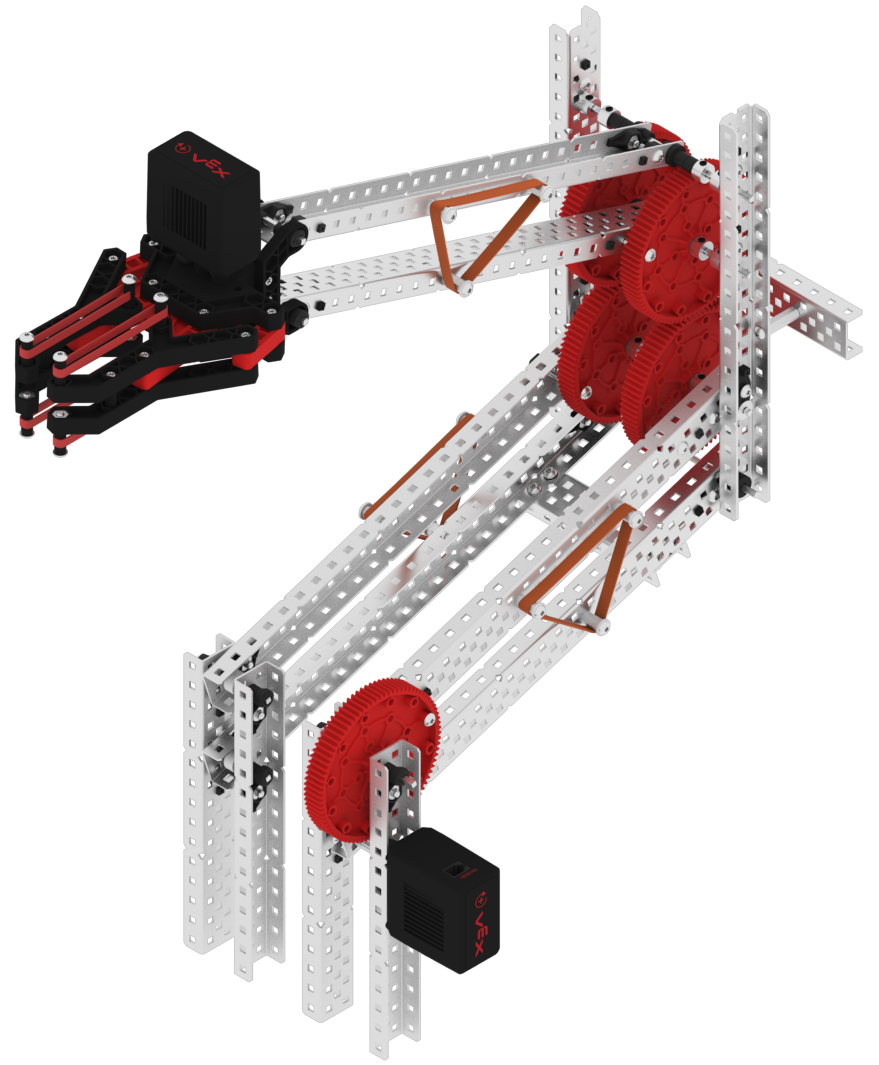 Angled view of a V5 Double Reverse 4-Bar Arm with a Bottom Tower Motor Mount.