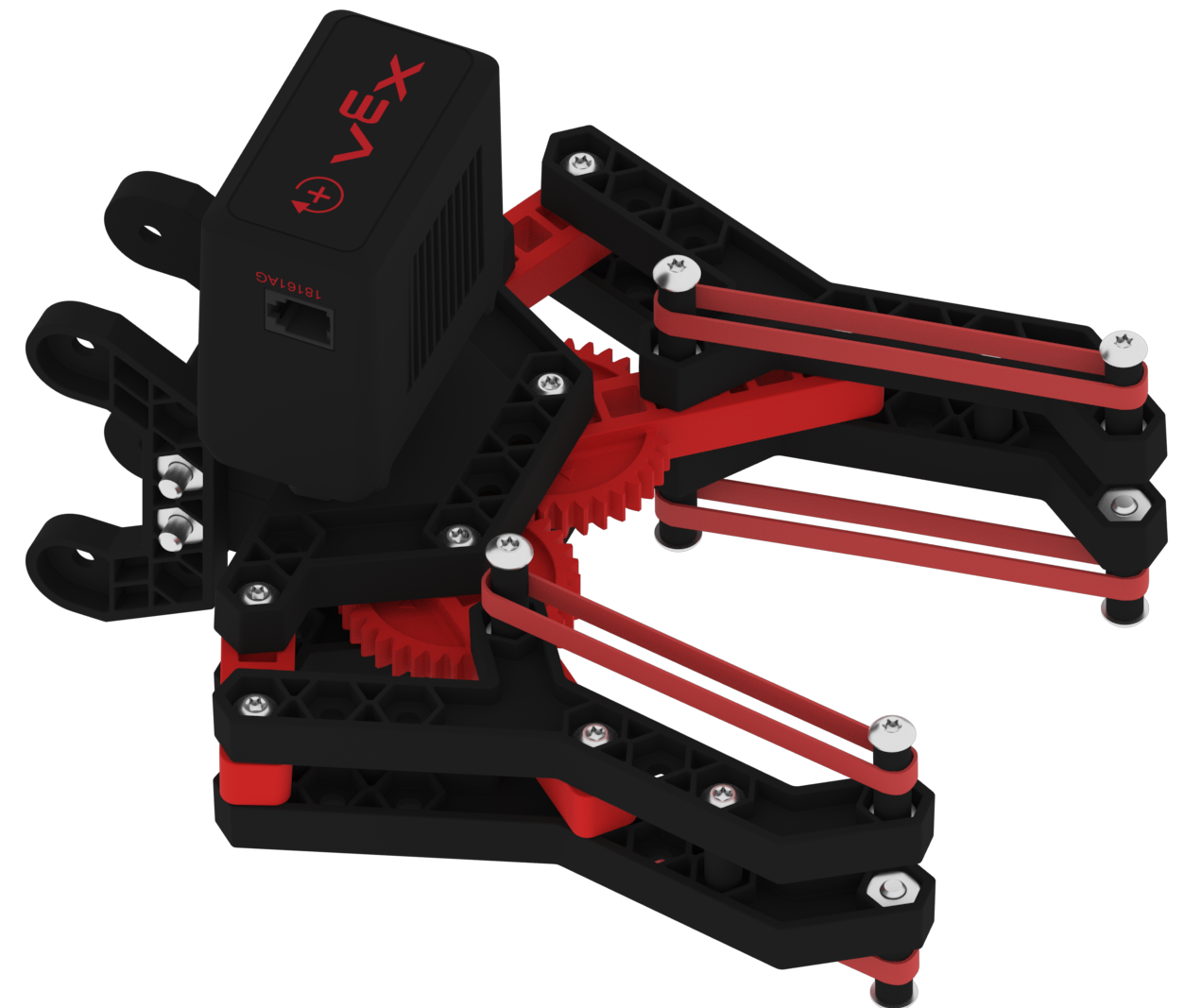 V5 Double-sided Claw mechanism that uses a Motor, Gears, and Rubber Bands to close both sides of the claw together for a better grip.