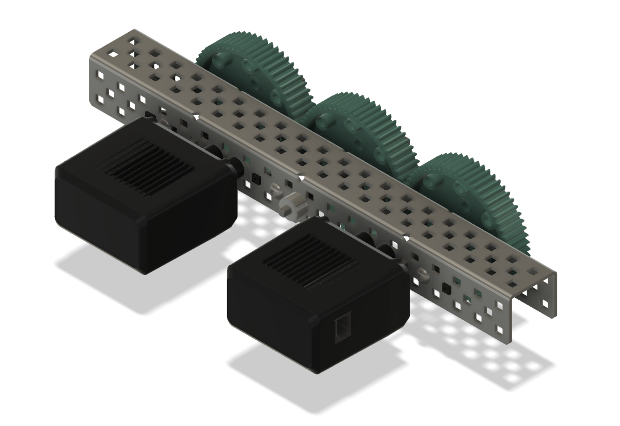 Angled view of two Motors sharing the same set of gears.