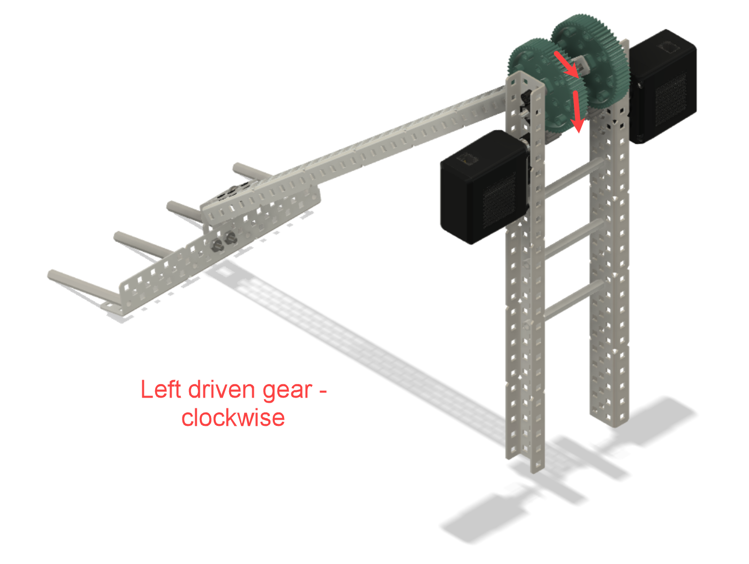 Angled view of two Motors that are connected to Gears and are powering a robotic arm from either side. A label indicates that the driven gear on the left must spin clockwise.