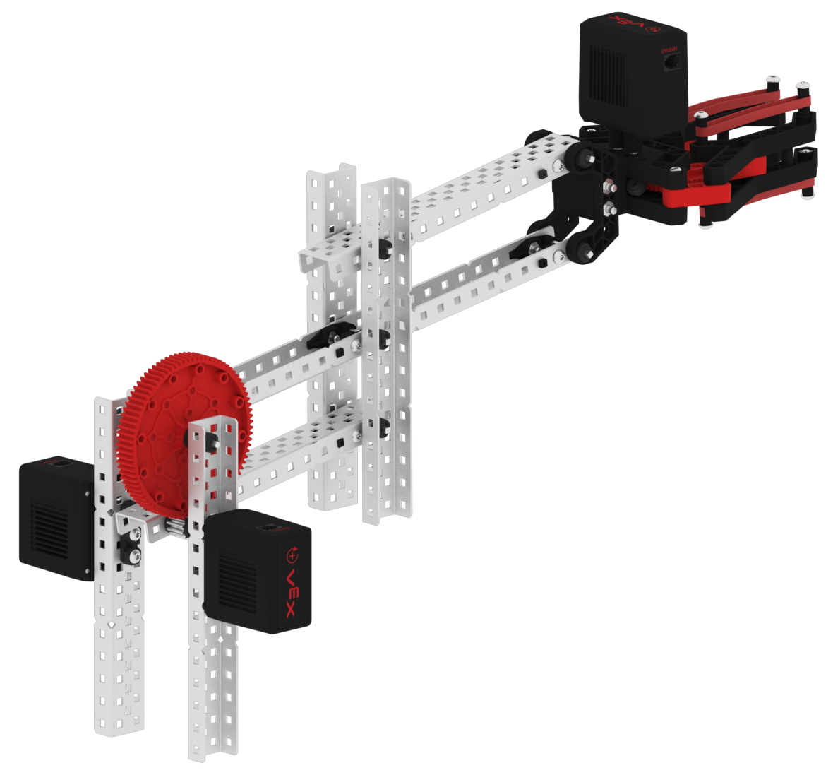 Angled view of two Motors powering a 6-Bar Arm.