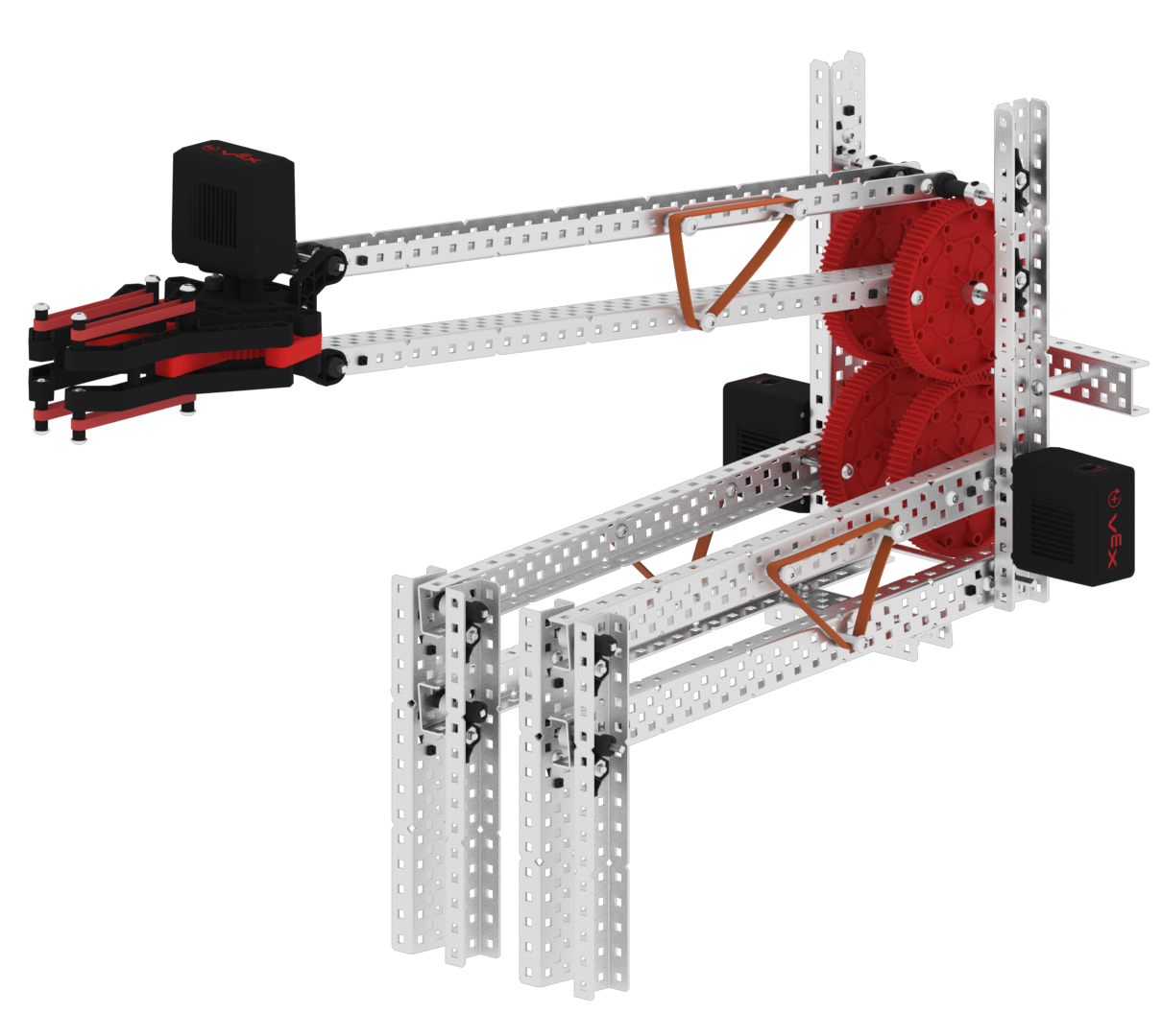 Angled view of two Motors powering a Double Reverse 4-Bar Arm.
