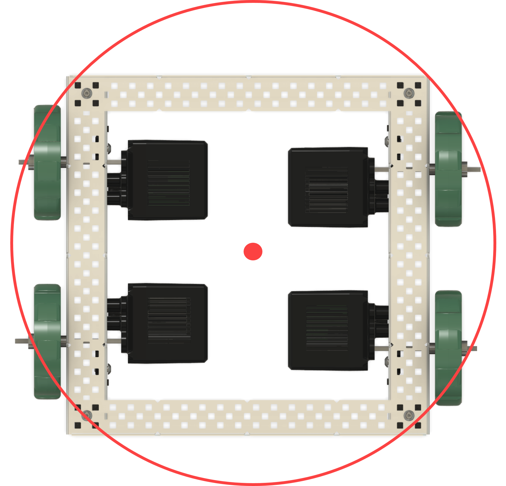 Top down view of a 4-motor Drivetrain build with a circle and a point that represent its center of rotation when performing a pivot turn. The center of rotation is directly in the center of the 4 motors.