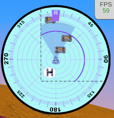 A closeup of the VR Rover's mini map, showing the robot in the center and the detectable area with minerals and objects in view.