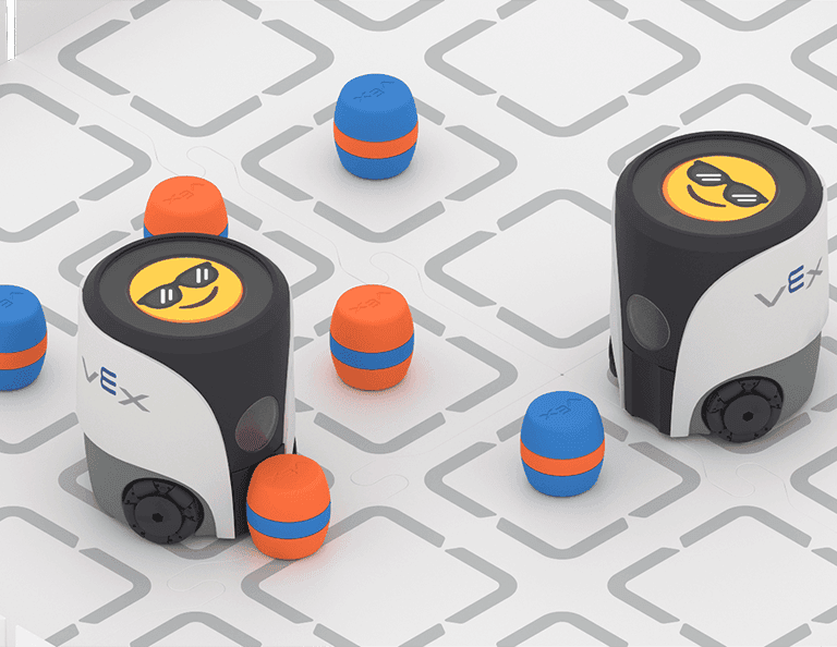 Two AIM robots on a field moving barrels. They both show emojis smiling with sunglasses on.