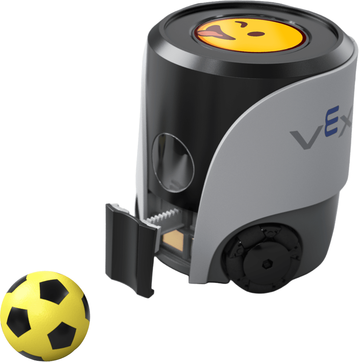 VEX AIM Robot with a winking, smiling emoji on the screen. The robot has the kicker extended showing the robot was in the act of kicking a soccer ball.