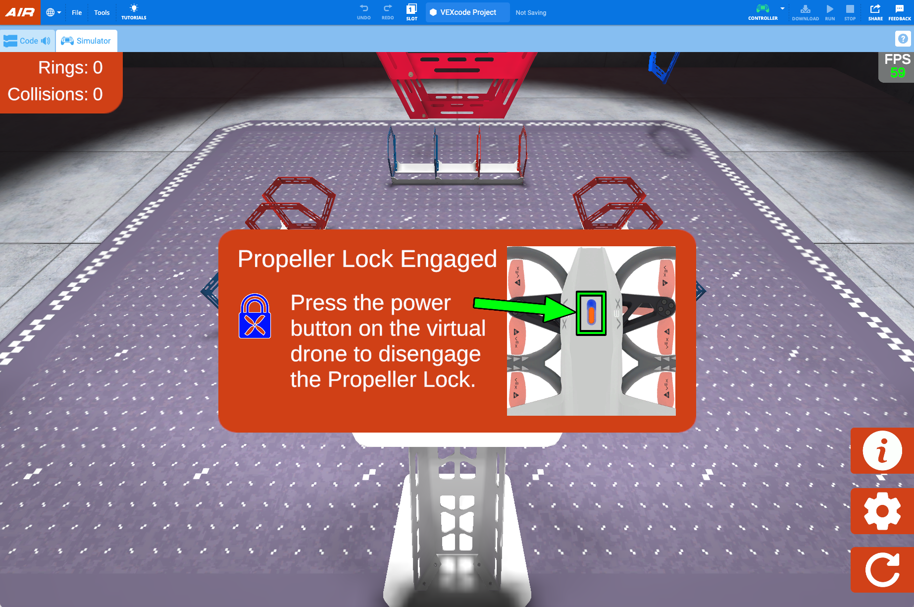 A screenshot of the simulator tab open with the dialog in the center of  the screen reading Propeller Lock Engaged. Press the power button on the virtual drone to disengage the Prop Lock. A green arrow points to the power button to the right within the pop up box.