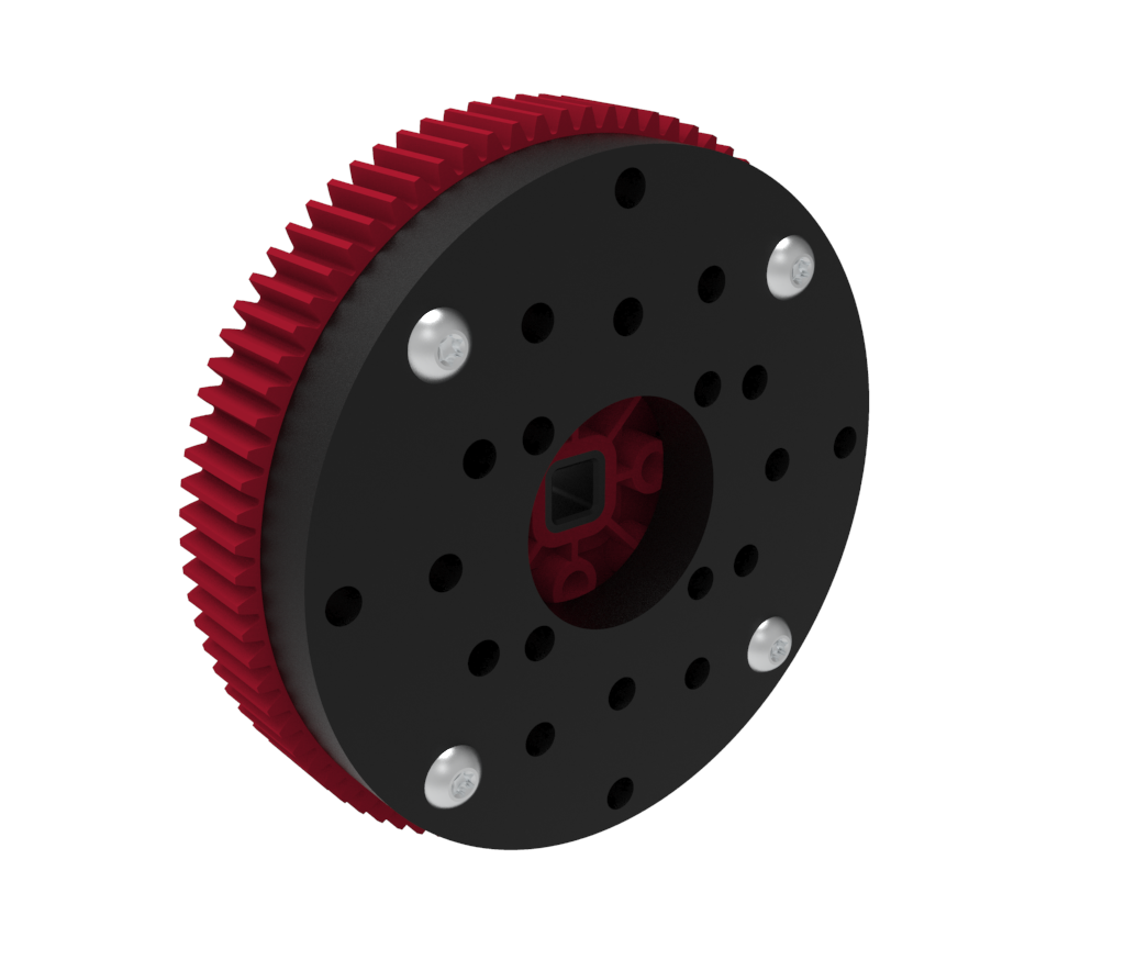 V5 Flywheel Weight piece is shown with a V5 gear piece screwed onto its mounting ports.