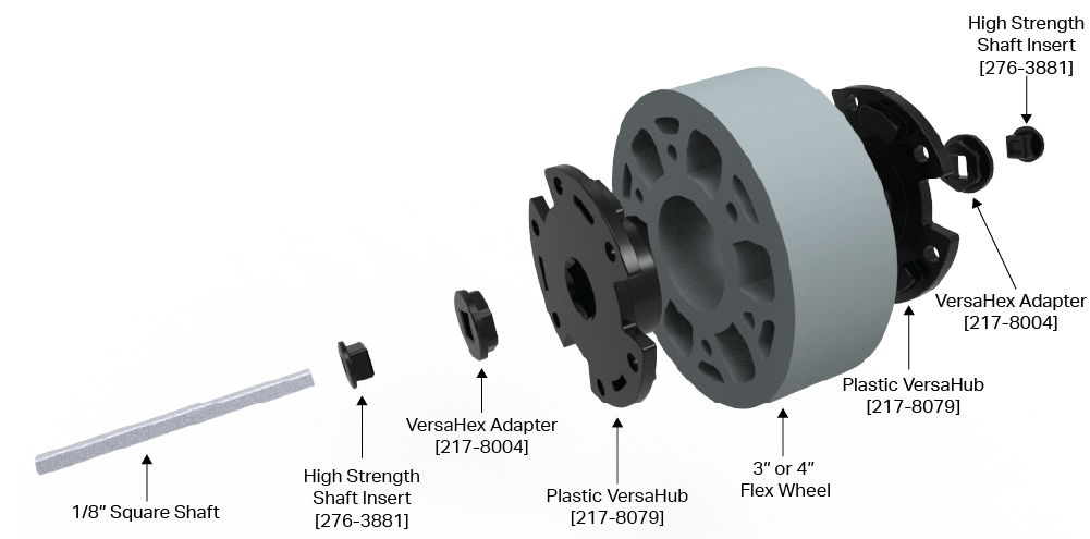 Deconstructed diagram showing a 3-inch or 4-inch Flex Wheel Assembly with added Shaft Inserts. The diagram lists in order a 1/8-inch Square Shaft, High Strength Shaft Insert, VersaHexAdapter, Plastic VersaHub, 3-inch or 4-inch Flex Wheel, Plastic VersaHub, VersaHex Adapter, and then a High Strength Shaft Insert.