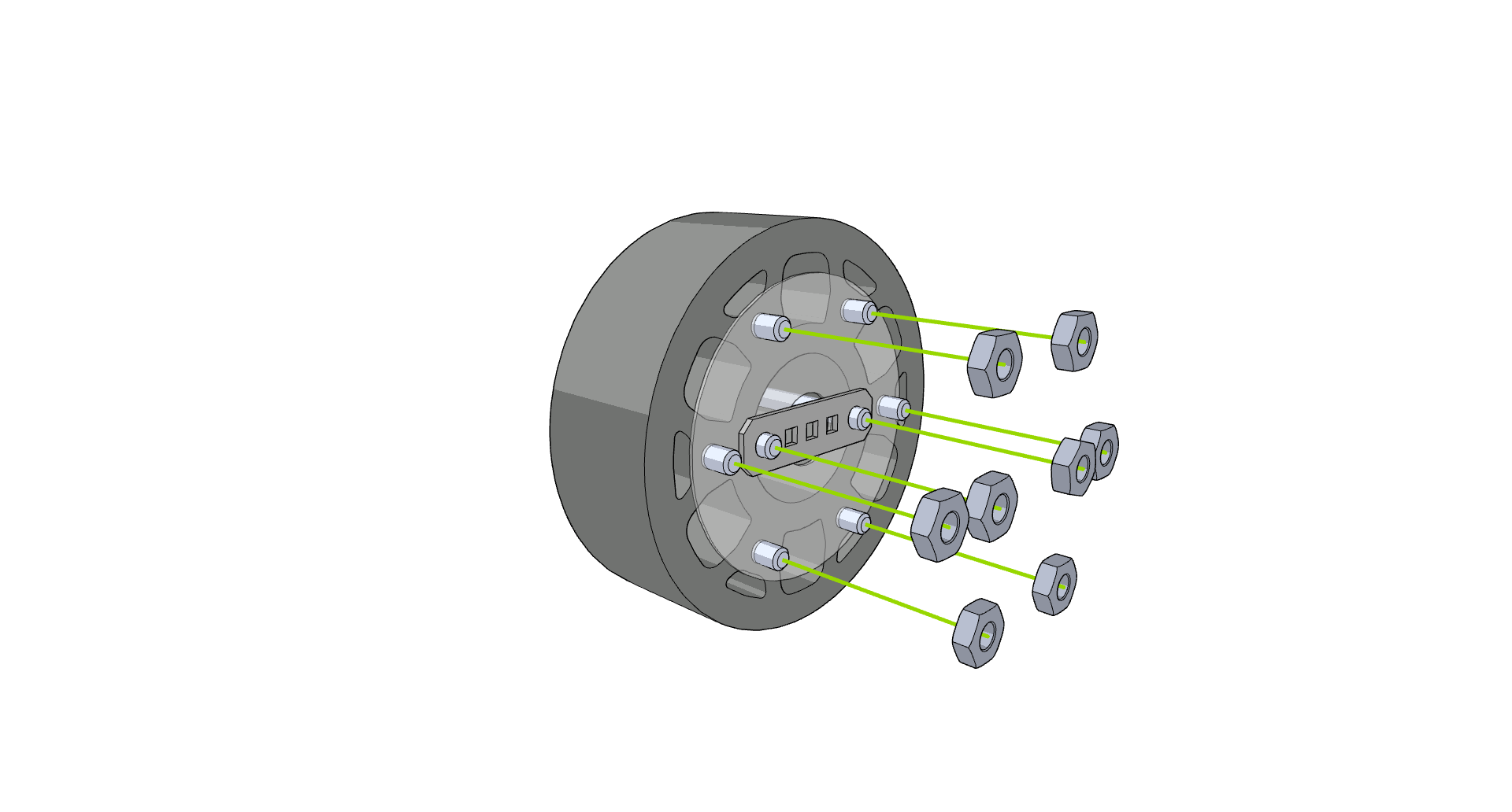 8 Nuts are shown aligned to each of the 8 Screws on the Flex Wheel.